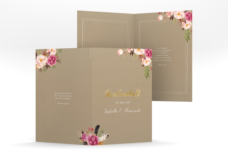 Kirchenheft Hochzeit Flowers A5 Klappkarte hoch Kraftpapier gold mit bunten Aquarell-Blumen