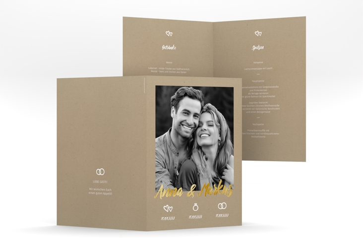 Menükarte Hochzeit Icons A5 Klappkarte hoch Kraftpapier gold