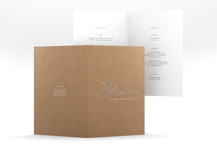 Menükarte Hochzeit Jawort A5 Klappkarte hoch Kraftpapier silber modern minimalistisch mit veredelter Aufschrift