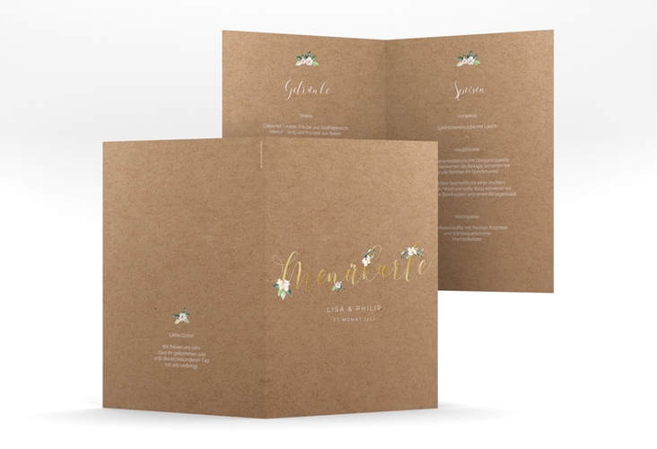 Menükarte Hochzeit Inlove A5 Klappkarte hoch Kraftpapier gold
