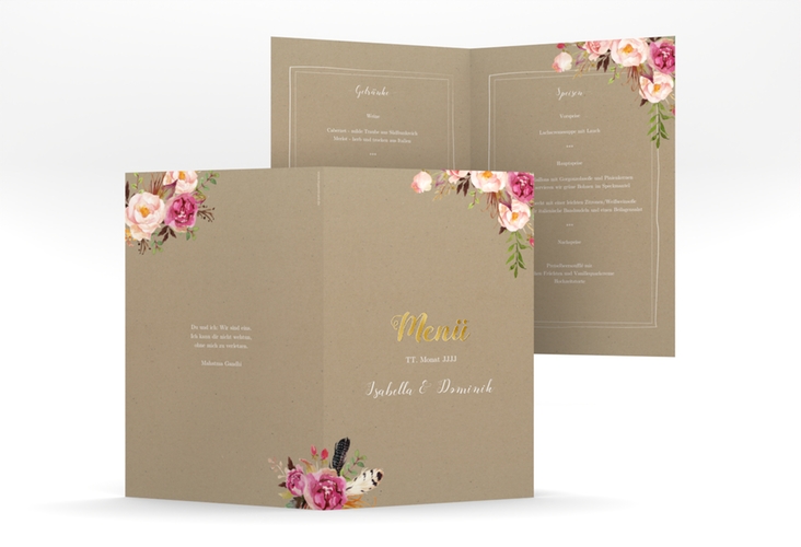 Menükarte Hochzeit Flowers A5 Klappkarte hoch Kraftpapier gold mit bunten Aquarell-Blumen