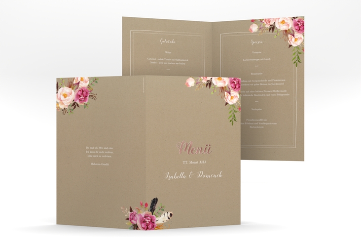 Menükarte Hochzeit Flowers A5 Klappkarte hoch Kraftpapier rosegold mit bunten Aquarell-Blumen