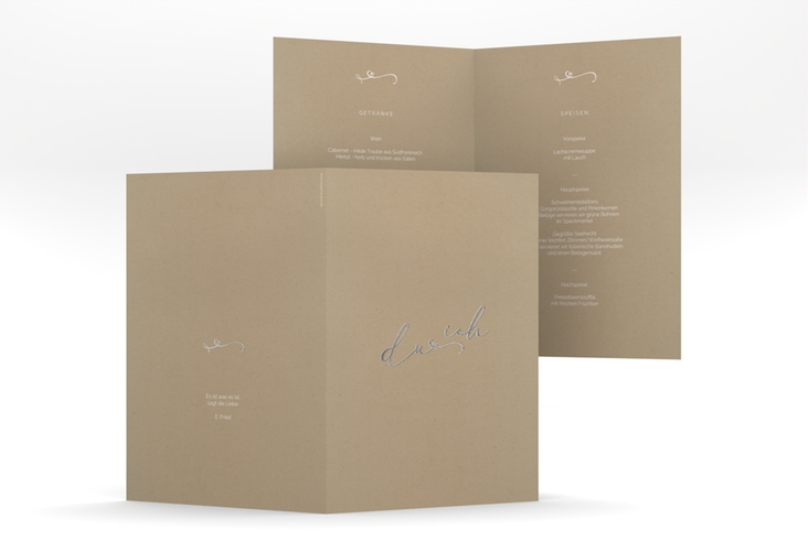 Menükarte Hochzeit Zweisamkeit A5 Klappkarte hoch Kraftpapier silber im minimalistischen Stil mit Aufschrift du & ich