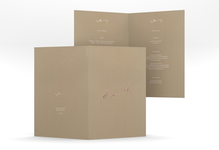 Menükarte Hochzeit Zweisamkeit A5 Klappkarte hoch Kraftpapier rosegold im minimalistischen Stil mit Aufschrift du & ich