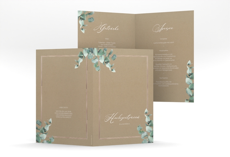 Menükarte Hochzeit Eucalypt A5 Klappkarte hoch Kraftpapier rosegold mit Eukalyptus und edlem Rahmen