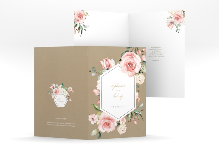 Kirchenheft Hochzeit Graceful A5 Klappkarte hoch Kraftpapier silber mit Rosenblüten in Rosa und Weiß