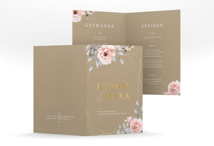 Menükarte Hochzeit Perfection A5 Klappkarte hoch Kraftpapier gold mit rosa Rosen