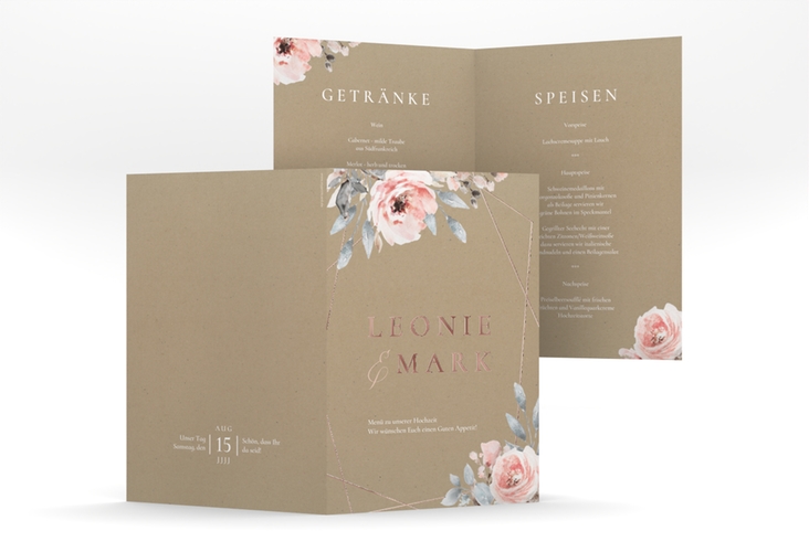 Menükarte Hochzeit Perfection A5 Klappkarte hoch Kraftpapier rosegold mit rosa Rosen