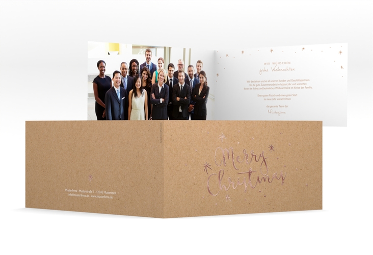 Geschäftliche Weihnachtskarte Winterfreude lange Klappkarte quer Kraftpapier rosegold