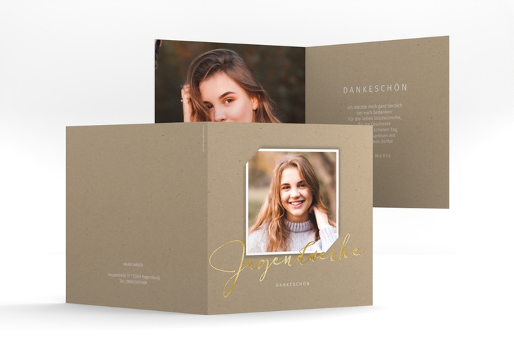 Danksagung Jugendweihe Santo quadr. Klappkarte Kraftpapier gold in Kraftpapier-Optik mit Foto