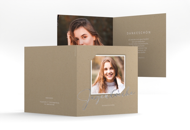 Danksagung Jugendweihe Santo quadr. Klappkarte Kraftpapier silber in Kraftpapier-Optik mit Foto