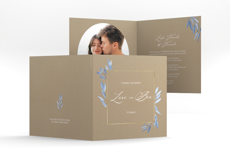 Hochzeitseinladung Classicblue quadr. Klappkarte Kraftpapier gold