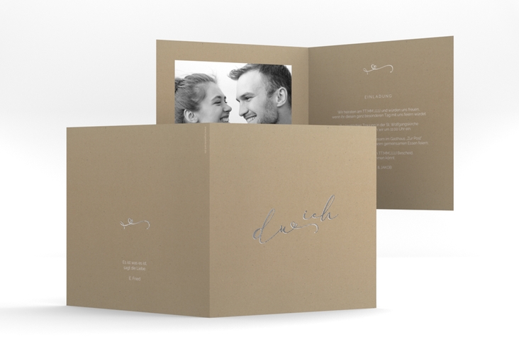 Hochzeitseinladung Zweisamkeit quadr. Klappkarte Kraftpapier silber im minimalistischen Stil mit Aufschrift du & ich
