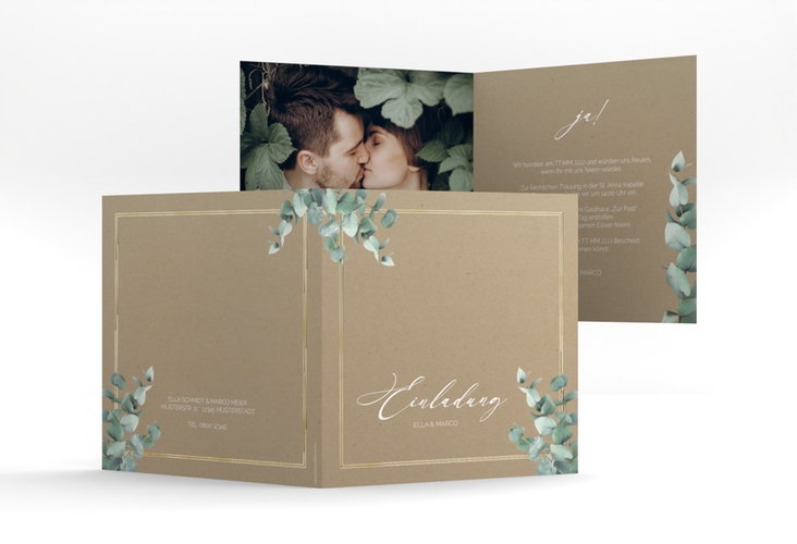 Hochzeitseinladung Eucalypt quadr. Klappkarte Kraftpapier gold mit Eukalyptus und edlem Rahmen