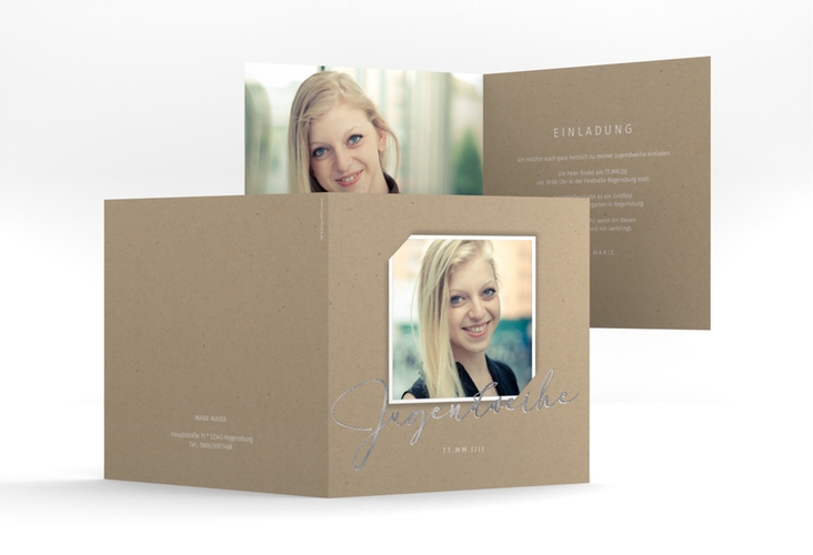 Einladung Jugendweihe Santo quadr. Klappkarte Kraftpapier silber im Kraftpapier-Look mit Foto