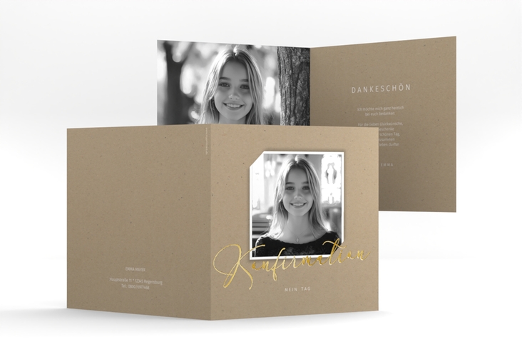 Danksagung Konfirmation Holy quadr. Klappkarte Kraftpapier gold