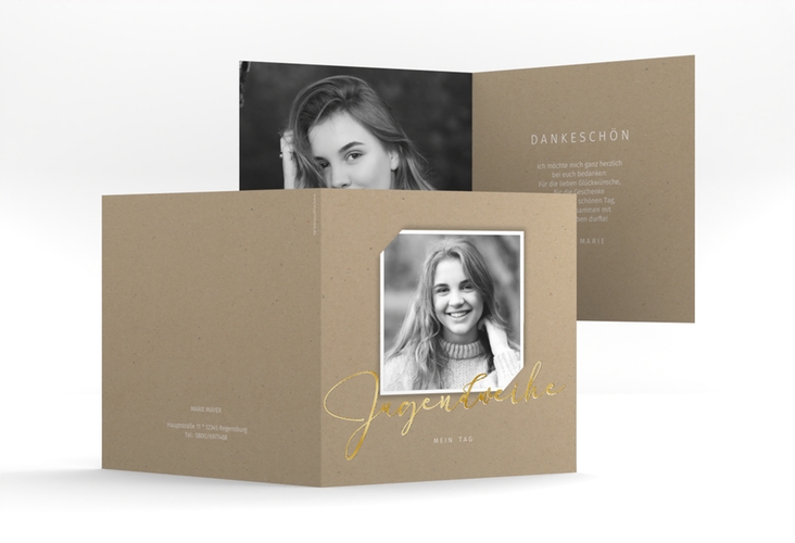 Danksagung Jugendweihe Santo quadr. Klappkarte Kraftpapier gold in Kraftpapier-Optik mit Foto