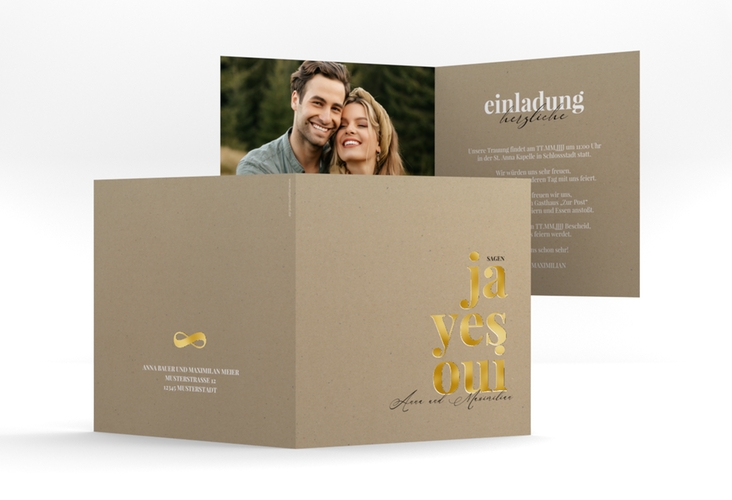Hochzeitseinladung Oui quadr. Klappkarte Kraftpapier gold mit Ja-Wort in verschiedenen Sprachen