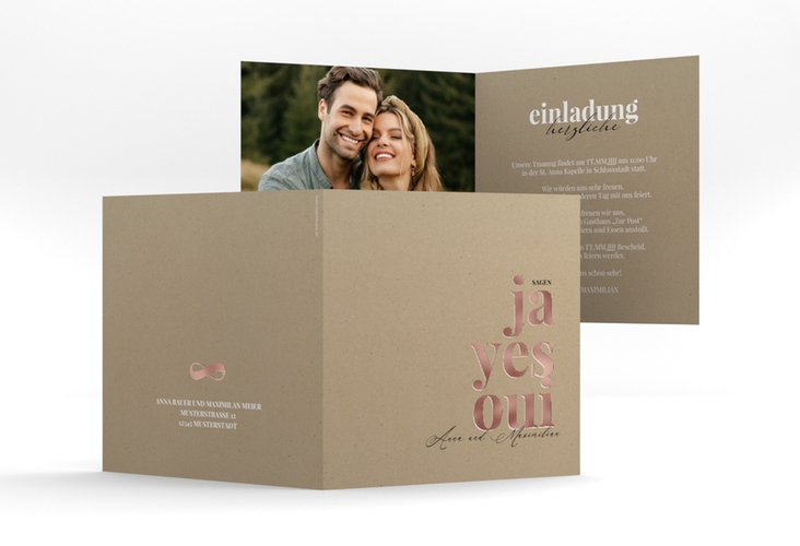 Hochzeitseinladung Oui quadr. Klappkarte Kraftpapier rosegold mit Ja-Wort in verschiedenen Sprachen