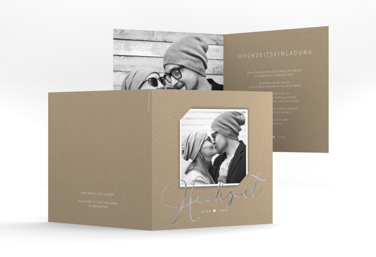 Hochzeitseinladung Crafty quadr. Klappkarte Kraftpapier silber mit Foto