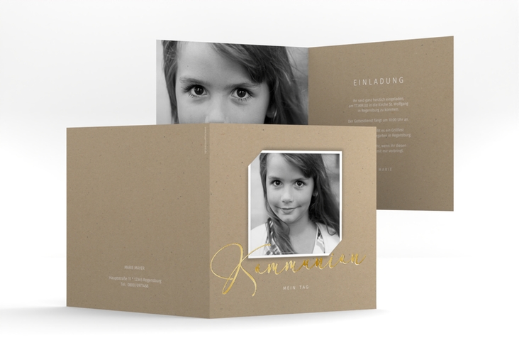 Kommunionseinladung Heilig quadr. Klappkarte Kraftpapier gold im Kraftpapier-Design mit Foto