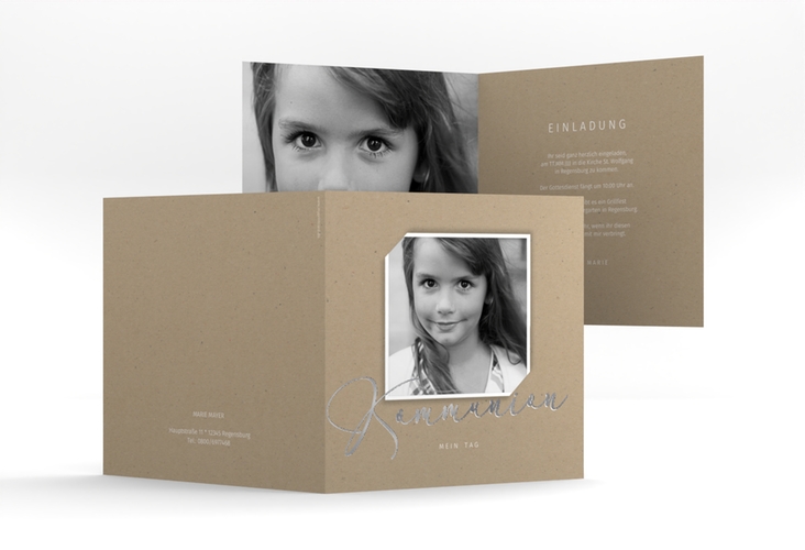 Kommunionseinladung Heilig quadr. Klappkarte Kraftpapier silber im Kraftpapier-Design mit Foto