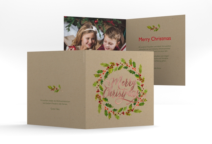 Weihnachtskarte Weihnachtskranz quadr. Klappkarte Kraftpapier rosegold mit Kranz aus Stechpalme