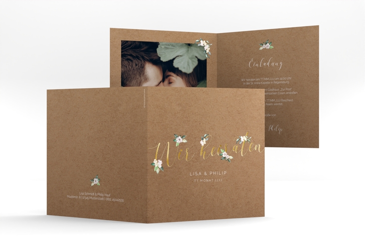 Hochzeitseinladung Inlove quadr. Klappkarte Kraftpapier gold