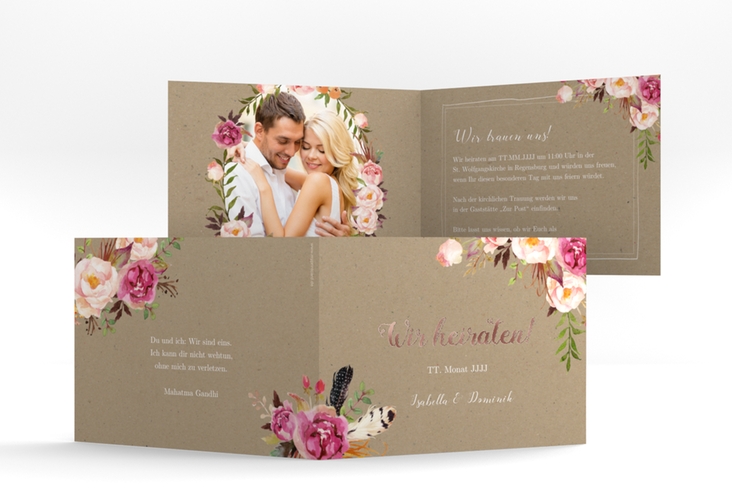 Hochzeitseinladung Flowers A6 Klappkarte quer Kraftpapier rosegold mit bunten Aquarell-Blumen