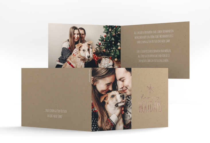 Weihnachtskarte Holidays A6 Klappkarte quer Kraftpapier rosegold