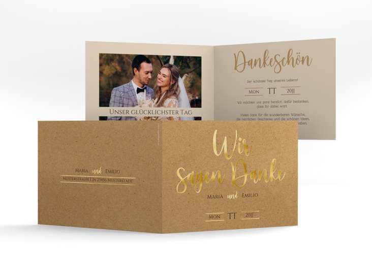 Danksagungskarte Hochzeit Noble A6 Klappkarte quer Kraftpapier gold mit elegantem Schriftzug