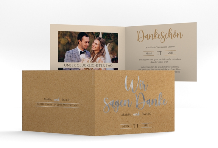Danksagungskarte Hochzeit Noble A6 Klappkarte quer Kraftpapier silber mit elegantem Schriftzug