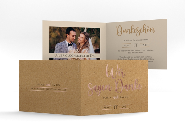 Danksagungskarte Hochzeit Noble A6 Klappkarte quer Kraftpapier rosegold mit elegantem Schriftzug