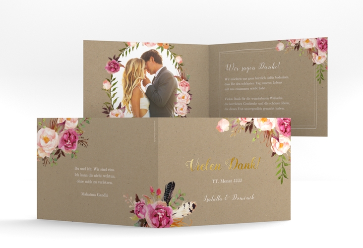 Danksagungskarte Hochzeit Flowers A6 Klappkarte quer Kraftpapier gold mit bunten Aquarell-Blumen