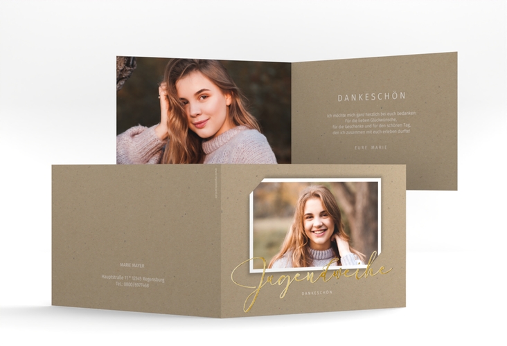 Danksagung Jugendweihe Santo A6 Klappkarte quer Kraftpapier gold in Kraftpapier-Optik mit Foto