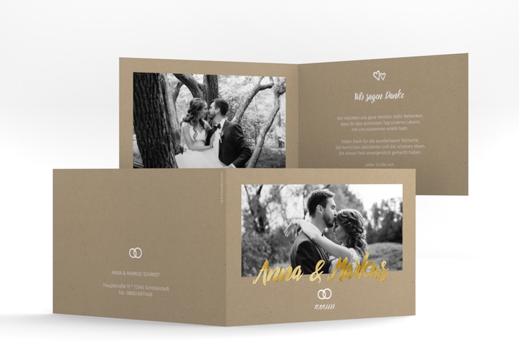 Dankeskarte Hochzeit Icons A6 Klappkarte quer Kraftpapier gold in Kraftpapier-Optik mit Foto