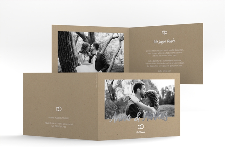 Dankeskarte Hochzeit Icons A6 Klappkarte quer Kraftpapier silber in Kraftpapier-Optik mit Foto