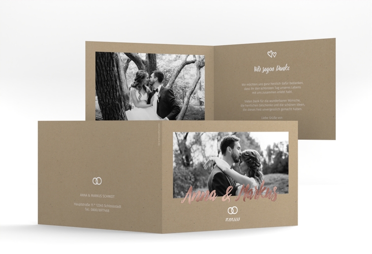 Dankeskarte Hochzeit Icons A6 Klappkarte quer Kraftpapier rosegold in Kraftpapier-Optik mit Foto