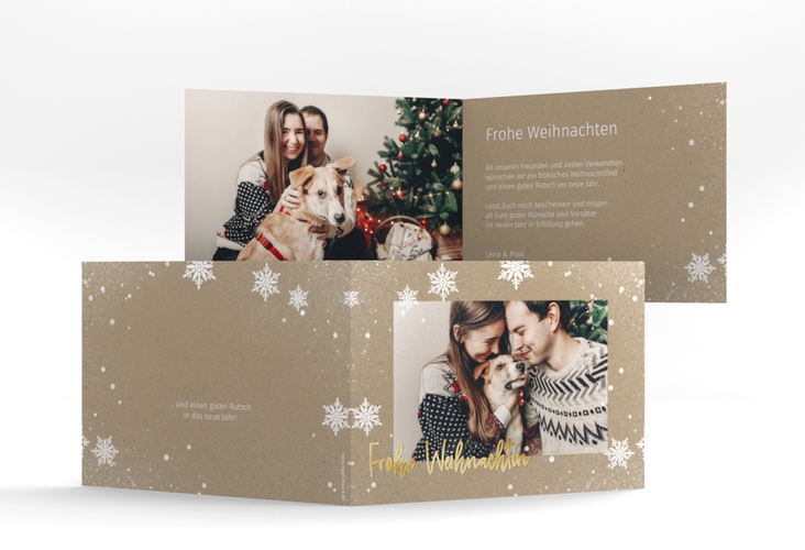 Weihnachtskarte Schneezauber A6 Klappkarte quer Kraftpapier gold mit Foto und Schneeflocken