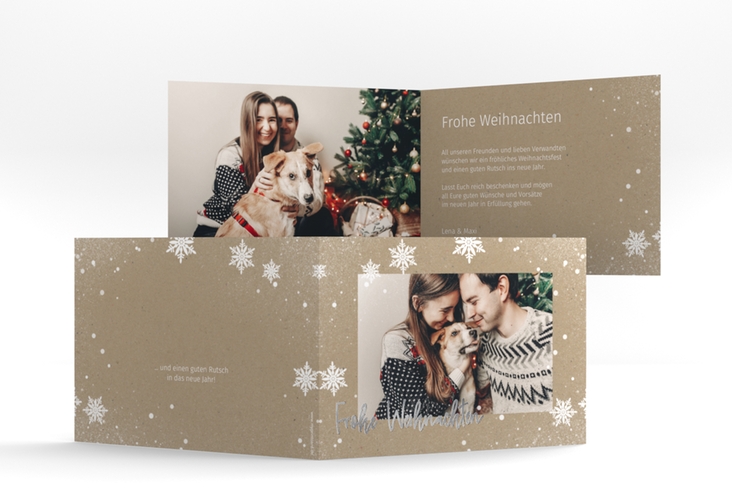 Weihnachtskarte Schneezauber A6 Klappkarte quer Kraftpapier silber mit Foto und Schneeflocken