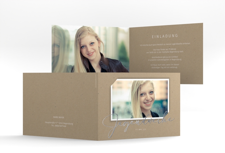 Einladung Jugendweihe Santo A6 Klappkarte quer Kraftpapier silber im Kraftpapier-Look mit Foto