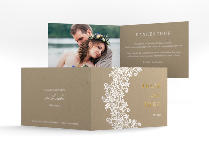 Danksagungskarte Hochzeit Mariage A6 Klappkarte quer Kraftpapier gold mit Bogen aus weißer Spitze