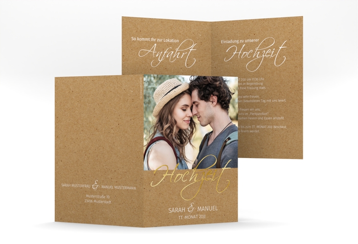 Einladungskarte Hochzeit Big Picture A6 Klappkarte hoch Kraftpapier gold mit Foto des Brautpaars