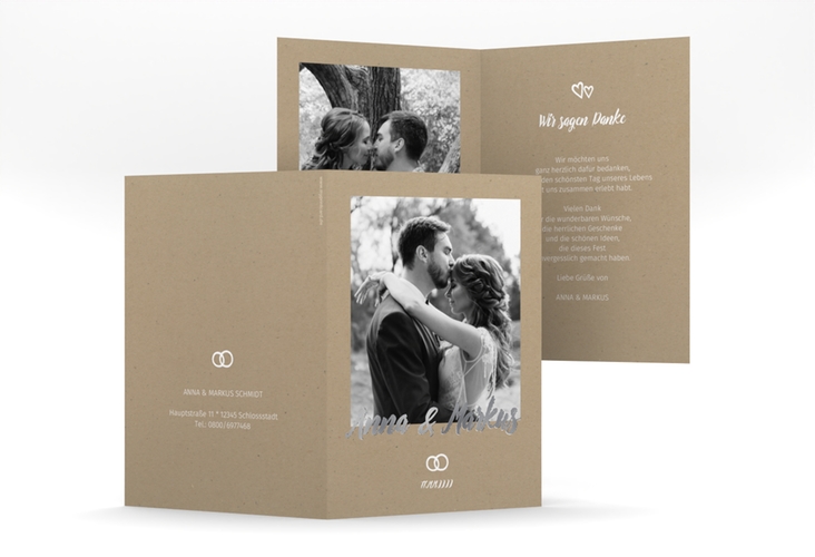 Dankeskarte Hochzeit Icons A6 Klappkarte hoch Kraftpapier silber im Kraftpapier-Look mit Foto