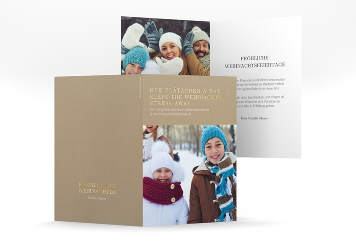 Weihnachtskarte Familienzauber A6 Klappkarte hoch Kraftpapier gold