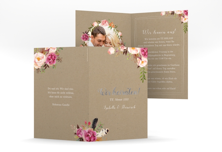Einladungskarte Hochzeit Flowers A6 Klappkarte hoch Kraftpapier silber mit bunten Aquarell-Blumen