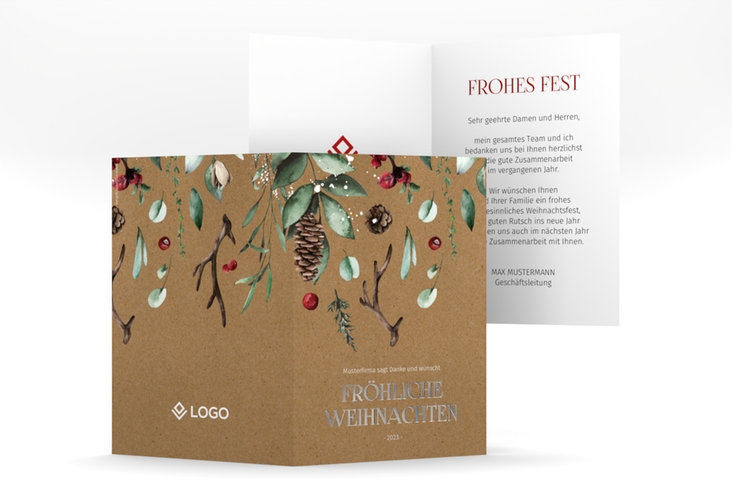 Geschäftliche Weihnachtskarte Weihnachtsgrüße A6 Klappkarte hoch Kraftpapier silber mit modernem Pflanzen-Dekor