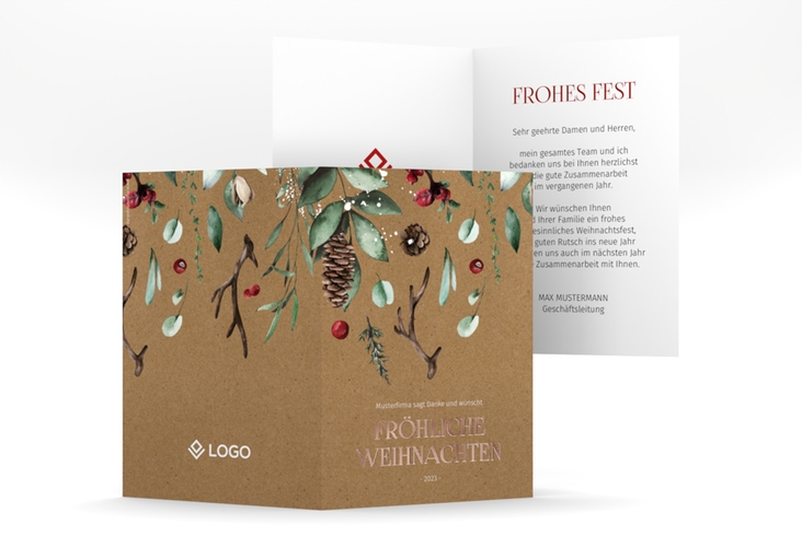 Geschäftliche Weihnachtskarte Weihnachtsgrüße A6 Klappkarte hoch Kraftpapier rosegold mit modernem Pflanzen-Dekor