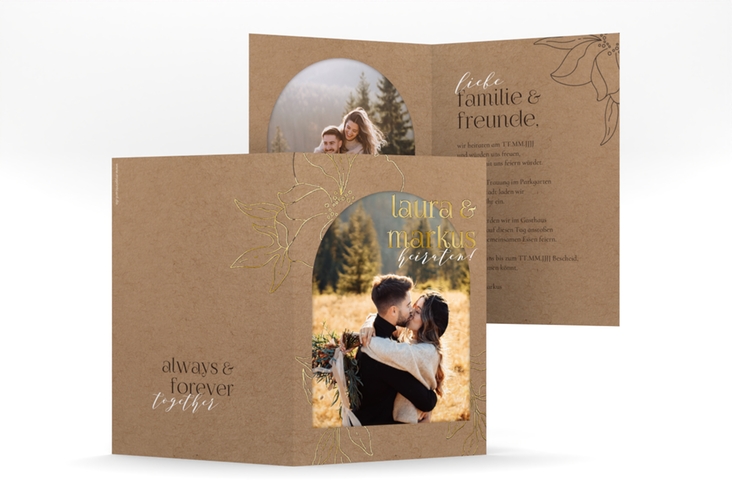 Hochzeitseinladung Alpenblume A6 Klappkarte hoch Kraftpapier gold