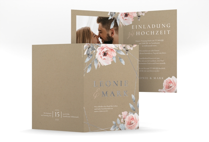 Einladungskarte Hochzeit Perfection A6 Klappkarte hoch Kraftpapier silber mit rosa Rosen
